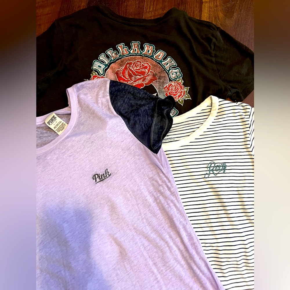 Like new name brand size large shirt bundle Roxy, Billabong,Victoria Secret.